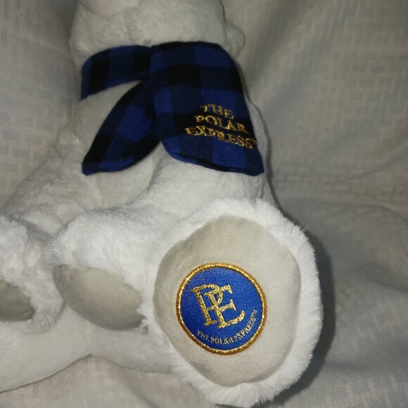 Polar Express Teddy Bear White Plush Blue Plaid Scarf 13" with Bonus Disk 1 DVD - Picture 4 of 6